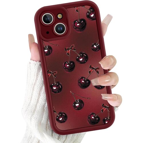 JGD-Coque pour iPhone 15 6,1"", Aesthetic Noeud Papillon Cerises Motif Étui Filles Femmes Mignon Dessin Case, Silicone Souple TPU Bumper Housse Antichoc Protection Cover pour iPhone 15, Bordeaux 01