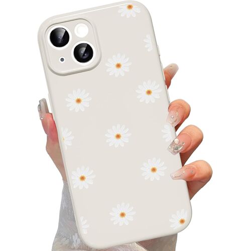 JGD-Coque pour iPhone 15 6,1"", Aesthetic Marguerite Fleur Motif Dessin Étui Silicone Fine TPU pour Femmes Filles Antichoc Housse Caméra de Protection Cover Anti-Rayures Bumper Case, Beige