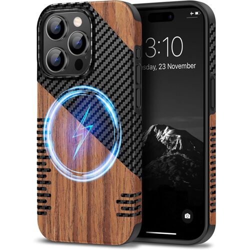 JGD-Coque Magnétique Compatible avec iPhone 15 Pro Etui Hybride en Bois et Carbone et Cuir Compatible avec MagSafe (Twill)