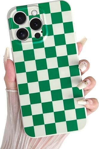 JGD-Coque pour iPhone 15 Pro, Motif Damier à Carreaux, Coque de téléphone en Silicone Souple avec Protection de l'appareil Photo, Coque de Protection Fine et Antichoc pour Femmes et Filles - Vert