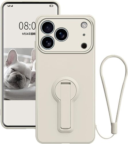 KALANKA-Coque pour iPhone 17 Pro Max Silicone Housse Protection avec Support, Ultra Fine Anti-Rayures Etui pour iPhone 17 Pro Max avec Cordon (Beige)
