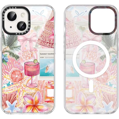 LORANKA-Coque Magnétique pour iPhone 15 6,1"", Compatible avec MagSafe, Aesthetic Fleur Eté Collage Motif Dessin Fille Etui, Transparente Souple Silicone TPU Case Antichoc Protection Housse Cover, Bla