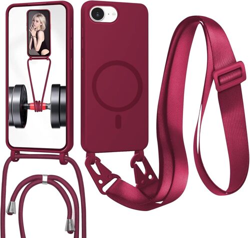 JGD-Coque pour iPhone 16E avec Cordon, (Compatible avec MagSafe) Etui avec Collier - Tour de Cou Lanière en Corde - Silicone Housse avec Réglable Chaine pour iPhone 16E, Bandouliere - Rouge