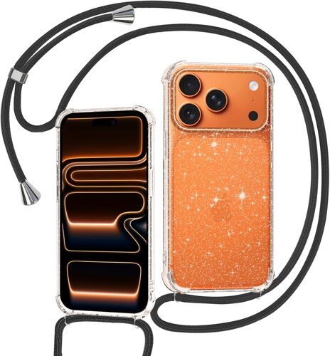 JGD-Coque pour iPhone 17 Pro Max avec Cordon, Collier Coque Glitter Transparent Paillettes Etui TPU Bumper Silicone Case avec Chaîne Lanière Housse Compatible avec iPhone 17 Pro Max - Le Noir