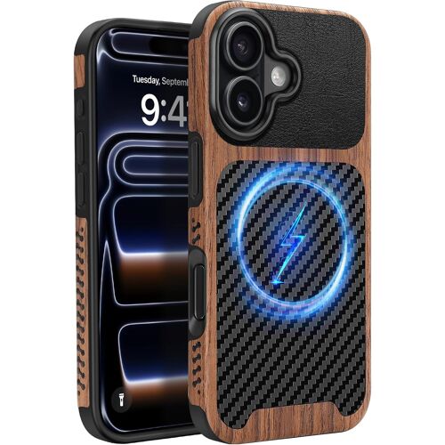 JGD-Coque Magnétique pour iPhone 17 [Compatible avec MagSafe] Étui de Cuir en Bois et Carbone Protection Antichoc Housse pour iPhone 17 - Noir