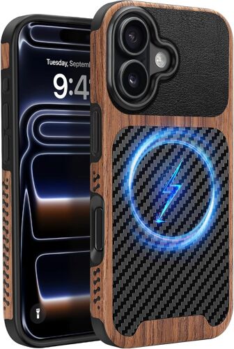 JGD-Coque Magnétique pour iPhone 17 [Compatible avec MagSafe] Étui de Cuir en Bois et Carbone Protection Antichoc Housse pour iPhone 17 - Noir
