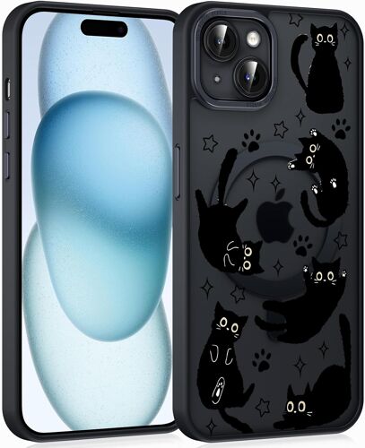 JGD-Magnétique Coque pour iPhone 13 / iPhone 14, Aesthetic Chat Motif Étui Compatible avec MagSafe, Etui Translucide Mat Antidérapante Anti-Rayures Housse Protection, Noir 4(6,1