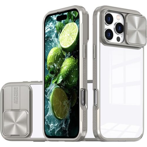 JGD-Coque iphone 16 Pro Max, avec Lentille Coulissante Caméra Protection Étui Antichoc Silicone TPU + PC Housse Anti-Rayures Dos Transparente Case pour iphone 16 Pro Max (Gris)