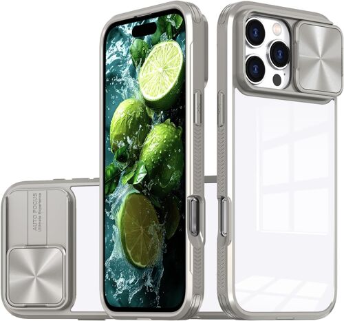 JGD-Coque iphone 16 Pro Max, avec Lentille Coulissante Caméra Protection Étui Antichoc Silicone TPU + PC Housse Anti-Rayures Dos Transparente Case pour iphone 16 Pro Max (Gris)