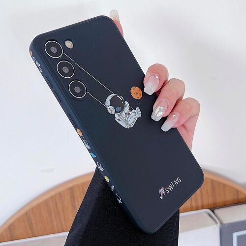 JGD-Coque mignonne pour Samsung Galaxy S22 Plus, motif dessin animé, astronaute, espace, lune, coque de protection antichoc élégante pour femmes et filles (planète noire, Samsung Galaxy S22