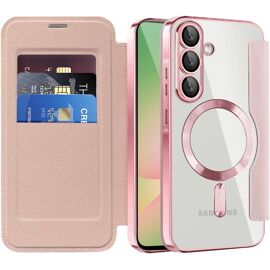 JGD-Coque Magnétique pour Samsung Galaxy A56 5G Etui Compatible avec MagSafe, RFID Blocage, Dos Transparente Antichoc Flip Étui en Cuir Portefeuille Housse pour Samsung A56 5G, Rose JD