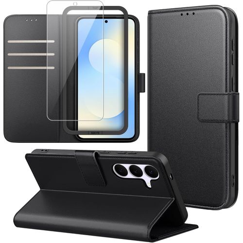 JGD-Coque Portefeuille Compatible avec Samsung Galaxy S25 FE 5G avec 1 Pièce Protection Écran en Verre Trempé et 1 Pièce Outil D'installation Simple, PU Cuir Housse, Support et à Rabat Flip - Noir