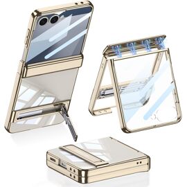 JGD-Coque Transparent pour Samsung Galaxy Z Flip 7 avec Support & Charnière Magnétique et Protection D'écran, PC Rigide Transparent Plaquage Antichoc Coque pour Samsung Galaxy Z Flip 7 (Or)