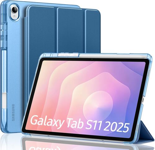 JGD-Étui pour Samsung Galaxy Tab S11 Case 11"" 2025 [SM-X730/SM-X736B] avec Porte-Stylet S, Étui Protecteur Trifold Léger Mince, Coque Arrière Translucide en PC Rigide, Auto Wake/Sleep, Marine Bleu