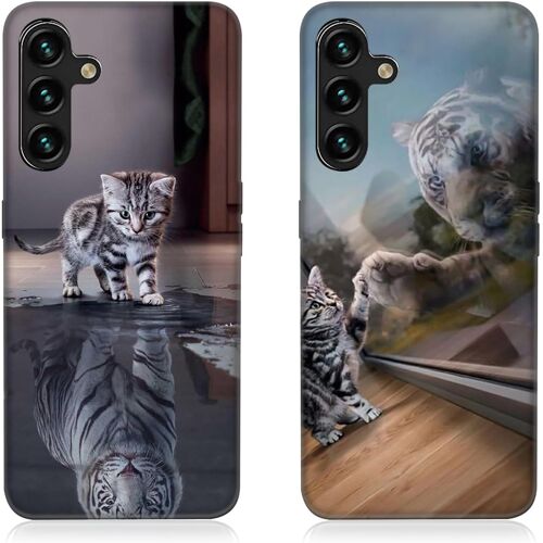 JGD-2 Pièces Coque pour Samsung Galaxy A14 5G Etui en Noir Silicone Souple Housse avec Animal Motif Mince TPU Slim Gel Bumper Antichoc Protection Case Cover pour Galaxy A14 4G - Chat & Tigre