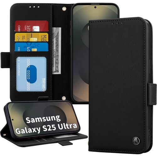 JGD-Coque Housse Protection pour Samsung Galaxy S25 Ultra 5G (6.9 Pouces) - Étui Portefeuille en PU, Pliant Magnétique avec Support, 3 Emplacements Carte et Blocage RFID, Noir