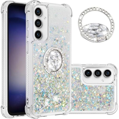 JGD-Coque pour Samsung Galaxy S23 FE Étui avec Support, Paillette Strass Sable Mouvant Liquide Brillants Transparente TPU Silicone Bumper Housse pour Samsung S23 FE. Love Silver YBZ