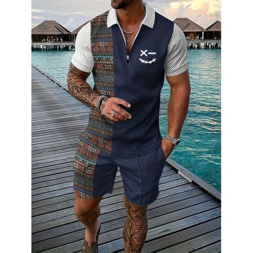 Ensemble Deux Pièces Pour Homme Avec Impression Graphique Tendance De Visage Souriant, T-Shirt À Manches Courtes Et Short À Cordon Avec Poches