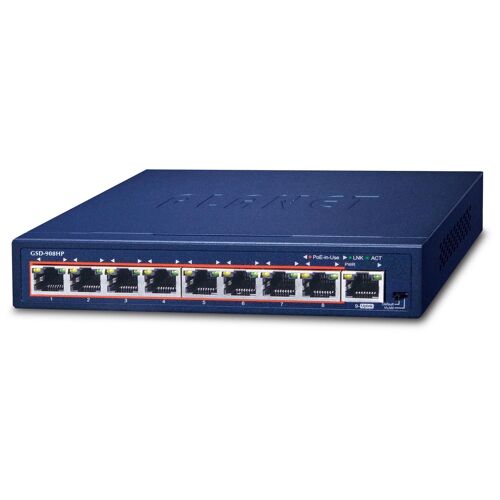 PLANET GSD-908HP commutateur réseau Gigabit Ethernet (10/100/1000) Connexion Ethernet, supportant l'alimentation via ce port (PoE) Bleu