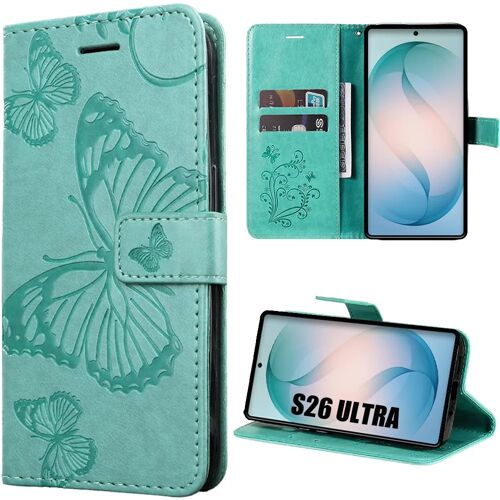 Coque pour Samsung Galaxy S26 Ultra, Protection Antichoc Anti-Rayures Effet Cuir Vert avec Motif Papillon - E.F.Connection