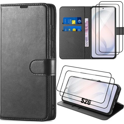 Coque + 2 Verres Trempés pour Samsung Galaxy S26, Protection Intégrale Anti-Rayures Antichoc Synthécuir Luxe Noir - E.F.Connection