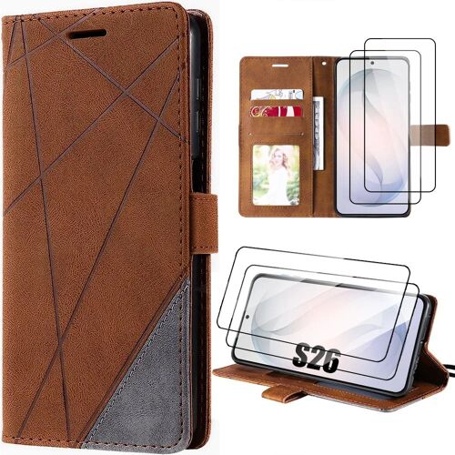 Coque + 2 Verres Trempés pour Samsung Galaxy S26, Protection Rabat Antichoc Synthécuir Bicolore Marron Gris - E.F.Connection