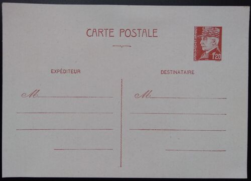 Carte Postale Vierge Prétimbrée Pétain 1,20 F Brun-Rouge