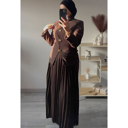 Ensemble Élégant Blazer & Jupe Plissée – Marron Chocolat