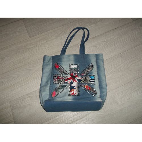 Sac à main DAVID JONES jean et motifs "Londres" en simili cuir et clouté TBE