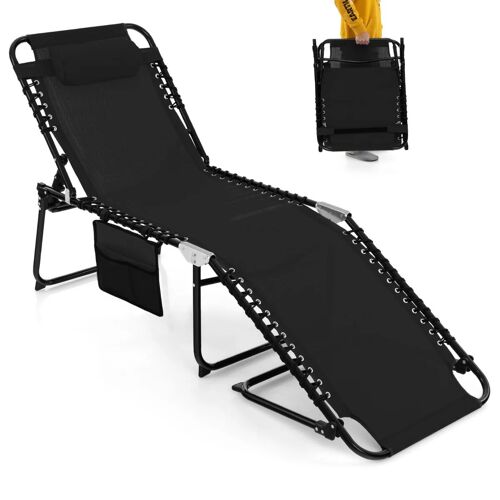 Chaise Longue Pliante 189 X 59 X 40 Cm Avec Dossier Réglable Et Appuie-Tête Amovible En Tissu Noir Helloshop26 20_0020968