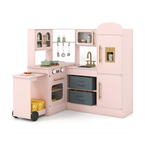 cuisine d'angle pour enfants 100 x 75,5-92 x 101 cm avec lumières et sons design moderne en MDF rose Helloshop26 20_0018824