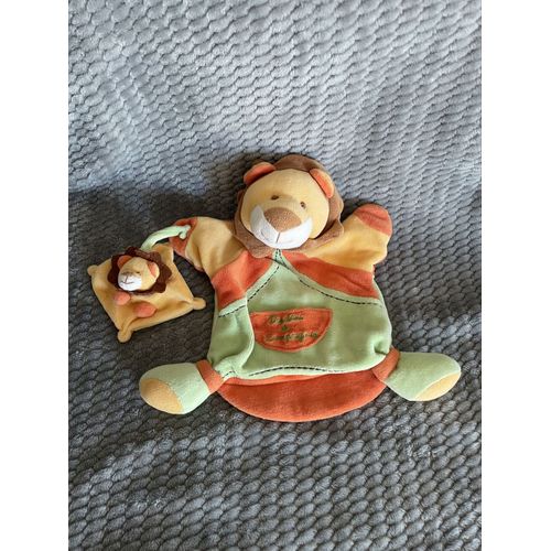 Doudou plat marionnette lion orange vert marron et son bébé Doudou Et Compagnie