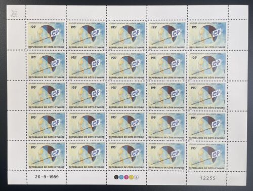 Cote D'ivoire 1989 Yt 835 Planche Sheet Journee Mondiale Poste Globe Upp Post World Day Welttag