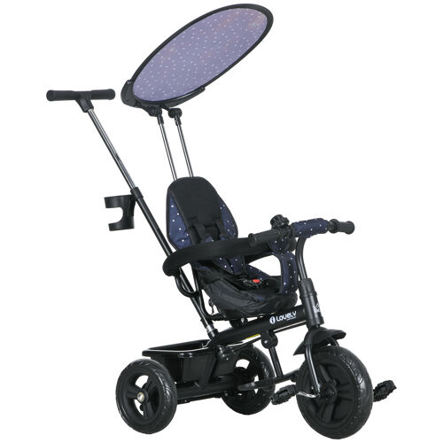 Tricycle Enfant Pare-Soleil Pliable Canne Amovible Benne Rangement Acier Bleu À Pois Noir