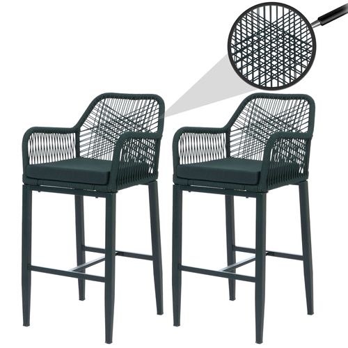 Lot De 2 Tabourets De Bar Rope Hwc-P91, Tabourets De Bar, Tabourets De Comptoir, Coussins D'assise D'extérieur, Tressage En Corde, Métal   Vert