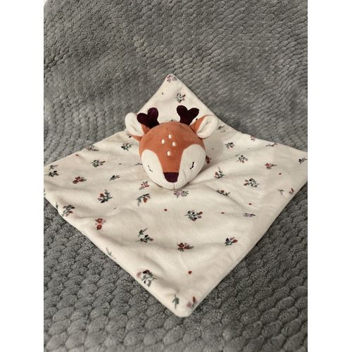 Doudou plat Biche Faon Cerf Renne blanc beige marron fleurs Simba Toys Kiabi