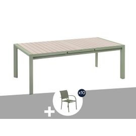 Table De Jardin Rectangulaire Extensible Alu Evasion 8/10 Places Effet Bois Et Vert Laurier + 10 Fauteuils Piazza - Hespéride