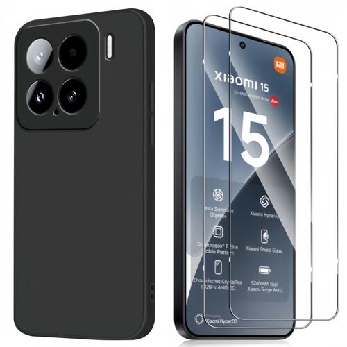 HQSELECTION® Coque Silicone NOIR Mat Pour Xiaomi 15 (non pour redmi 15) - 2 Vitres en Verre Trempé Anti Rayures