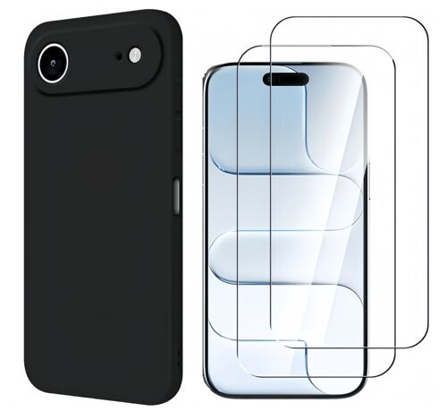 HQSELECTION® Coque Silicone NOIR Mat Pour Iphone 17 AIR - 2 Verre trempé Anti Rayures - Ultra Résistant Dureté 9H