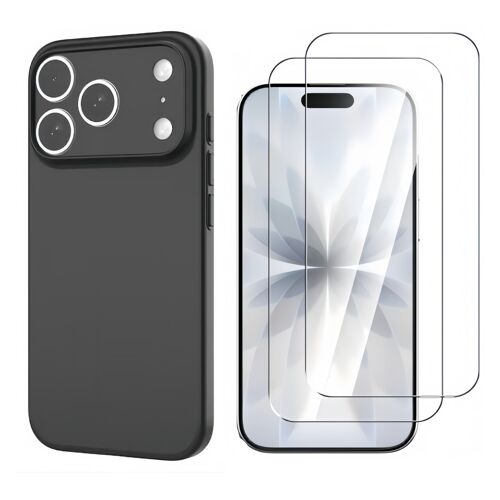 HQSELECTION® Coque Silicone NOIR Mat Pour Iphone 17 Pro 6,3 Pouces - 2 Verre trempé Anti Rayures - Ultra Résistant Dureté 9H