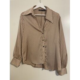 Chemisier Zara Femme Beige Imprimé En Soie, Manches Courtes, Taille M - Occasion En Très Bon état