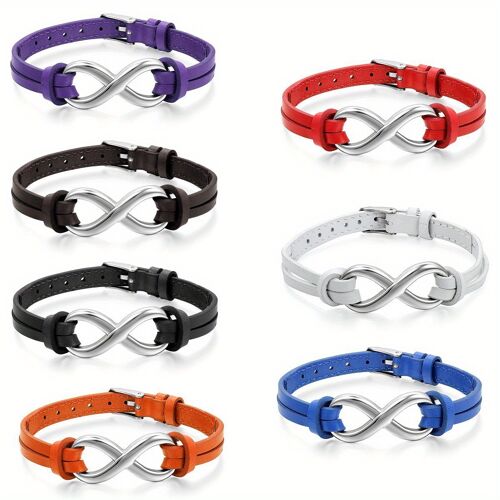 Bracelet Charm Infini En Acier Inoxydable Pour Hommes & Femmes - Cordon En Cuir Synthétique Ajustable 17,78-21,08 Cm