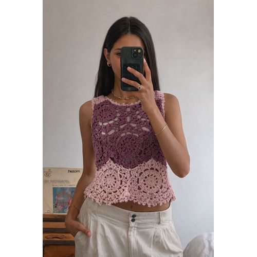 Haut Crochet Fait Main Sans Manches Rose Carmin & Rose Poudré – Top Crochet Artisanal Pièce Unique