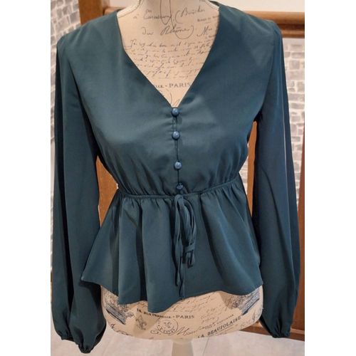Blouse Fluide Vert Foncé Boutonnée Et Taille Nouée