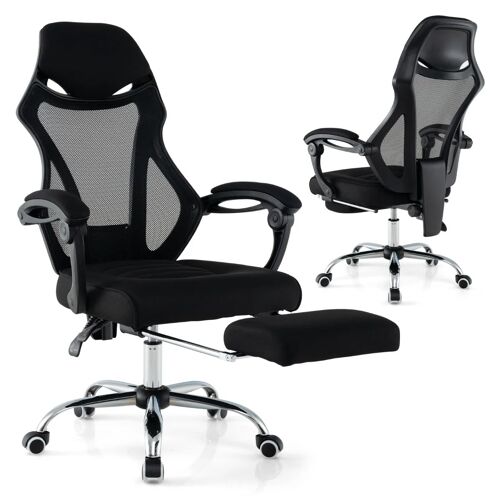 Chaise de bureau ergonomique réglable avec repose-pieds inclinaison et accoudoirs confortables en maille noir Helloshop26 20_0011091