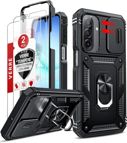 ELVORIX-Coque pour Samsung Galaxy A17 / A26 5G avec 2*Verre Trempé+Anneau Support, Full Protection de la Caméra en PC Dur Anti-Chut Renforcée Armor Heavy Duty Antichoc Bumper Housse Etui, Noir