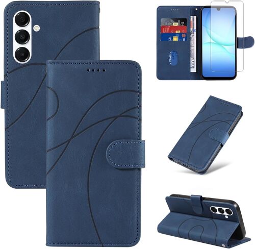 JGD-Coque Compatible avec Samsung Galaxy A17 4G / 5G avec 1 Pièce Protection Écran en Verre Trempé, Housse PU Cuir à Rabat Flip, Étui Support et Portefeuille Fonction (Bleu)
