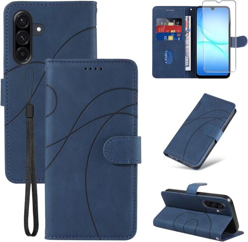KALANKA-Coque pour Samsung Galaxy A17 4G/5G avec 1 Pièces Verre Trempé Protection, Premium PU Cuir Multifonction Magnétique Portefeuille à Rabat Flip Housse Étui pour Samsung Galaxy A17 - Bleu