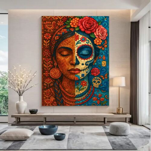 Art Mural Mosaïque Texturée - Portrait De Femme Mexicaine Inspiré Du Dia De Los Muertos, Entre Vie Et Mort - Affiche Murale Symbolique Et Colorée Pour Salon - Prête À Être Encadrée - Taille : 70x100cm