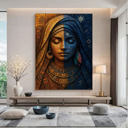 Art Mural Mosaïque Texturée – Portrait De Femme Berbère Aux Héritage Amazigh Et Spirituel - Décoration Murale Ethnique Et Contemporaine - Affiche Murale Prête À Être Encadrée – Taille : 70×100 Cm